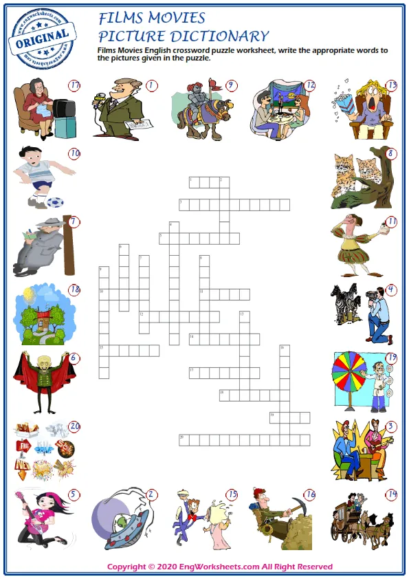 Films Movies English crossword puzzle worksheet, write the appropriate words to the pictures given in the puzzle.