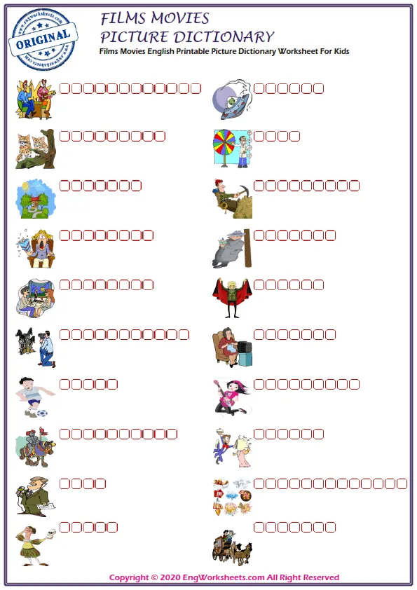 Films Movies English Printable Picture Dictionary Worksheet For Kids
