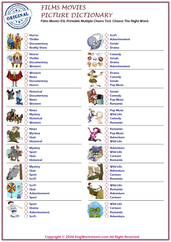 Films Movies ESL Printable Multiple Choice Test. Choose The Right Word.