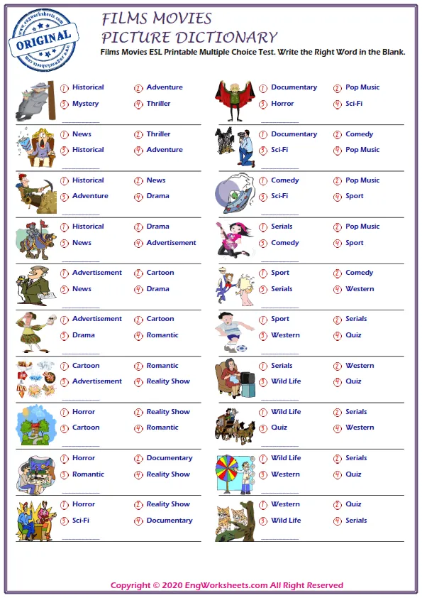 Films Movies ESL Printable Multiple Choice Test. Write the Right Word in the Blank.