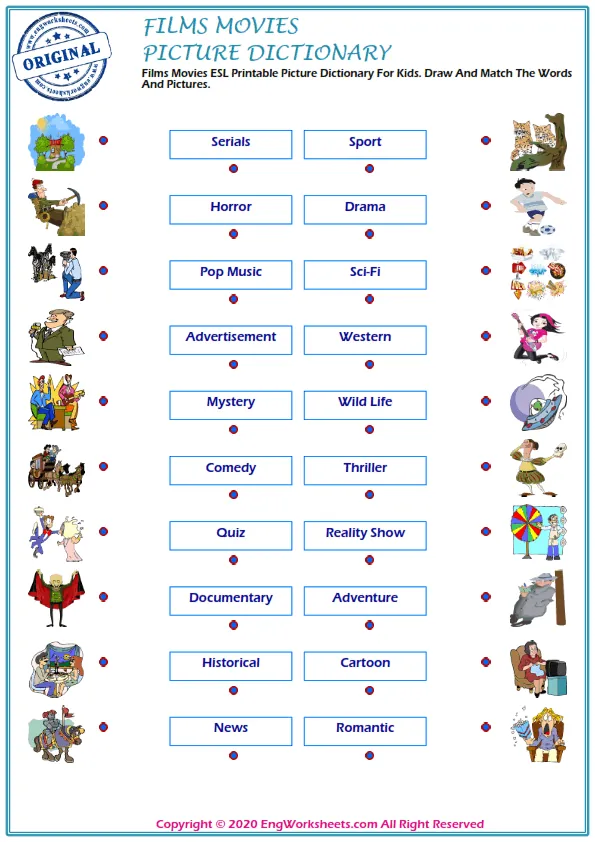 Films Movies ESL Printable Picture Dictionary For Kids. Draw And Match The Words And Pictures. Worksheet Preview
