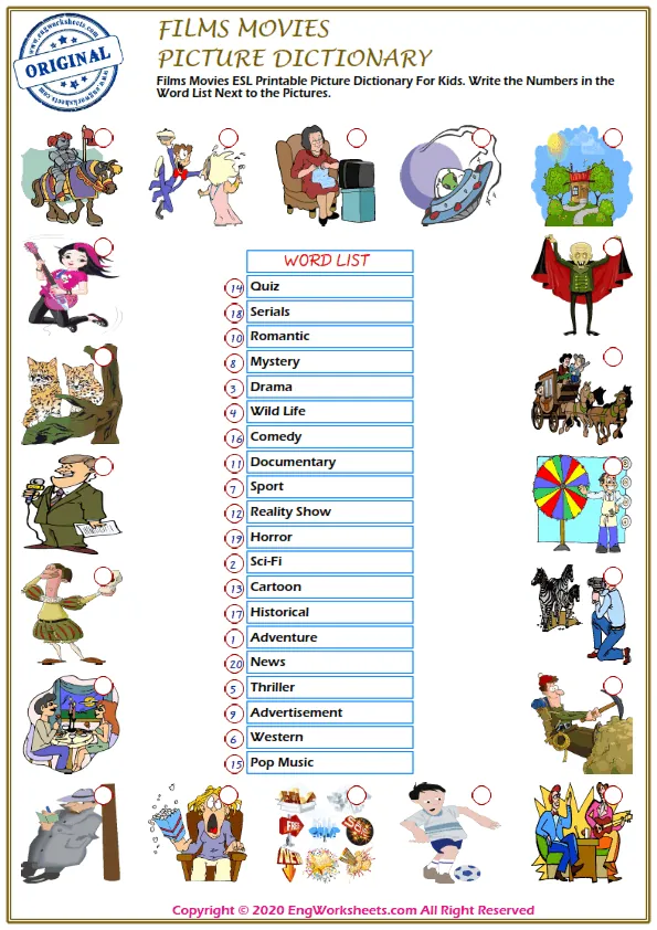 Films Movies ESL Printable Picture Dictionary For Kids. Write the Numbers in the Word List Next to the Pictures. Worksheet Preview