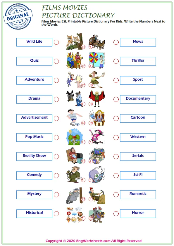 Films Movies ESL Printable Picture Dictionary For Kids. Write the Numbers Next to the Words.