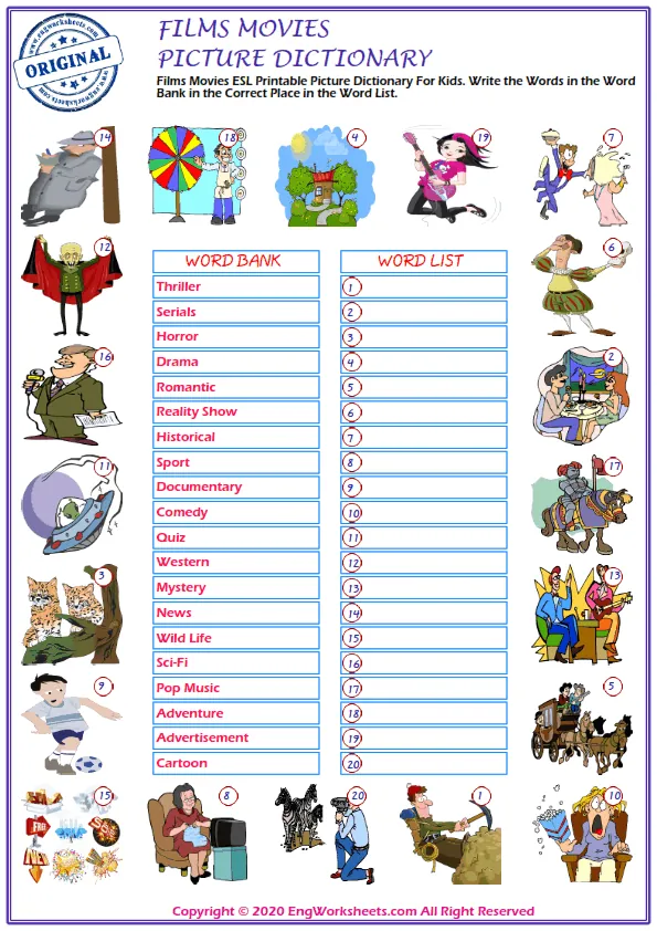 Films Movies ESL Printable Picture Dictionary For Kids. Write the Words in the Word Bank in the Correct Place in the Word List. Worksheet Preview