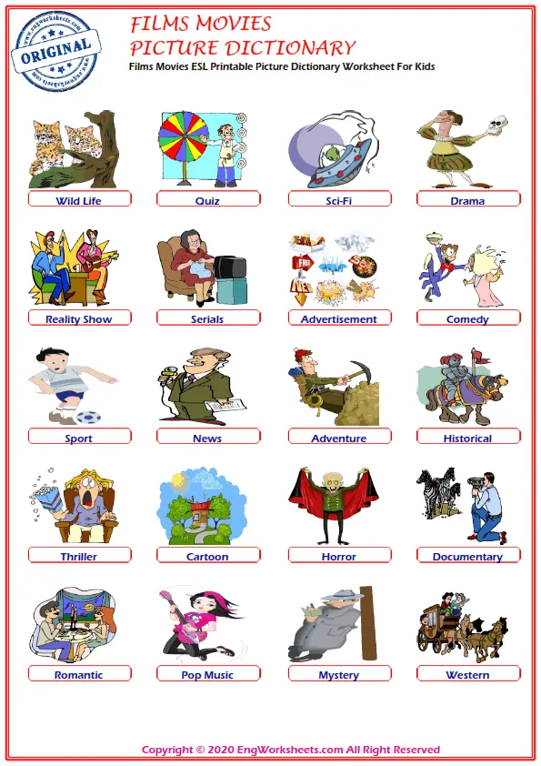 Films Movies ESL Printable Picture Dictionary Worksheet For Kids