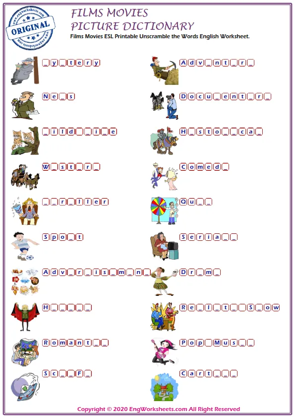 Films Movies ESL Printable Unscramble the Words English Worksheet. Worksheet Preview