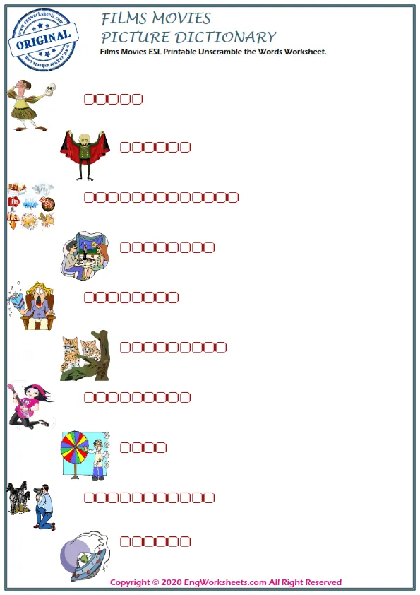 Films Movies ESL Printable Unscramble the Words Worksheet. Worksheet Preview