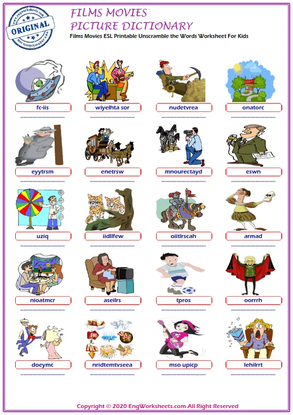 Films Movies ESL Printable Unscramble the Words Worksheet For Kids