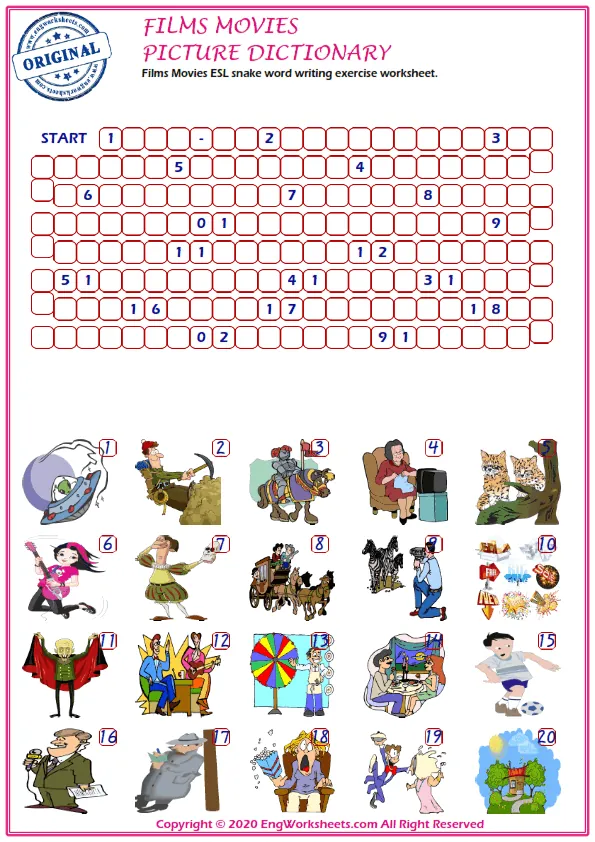 Films Movies ESL snake word writing exercise worksheet.