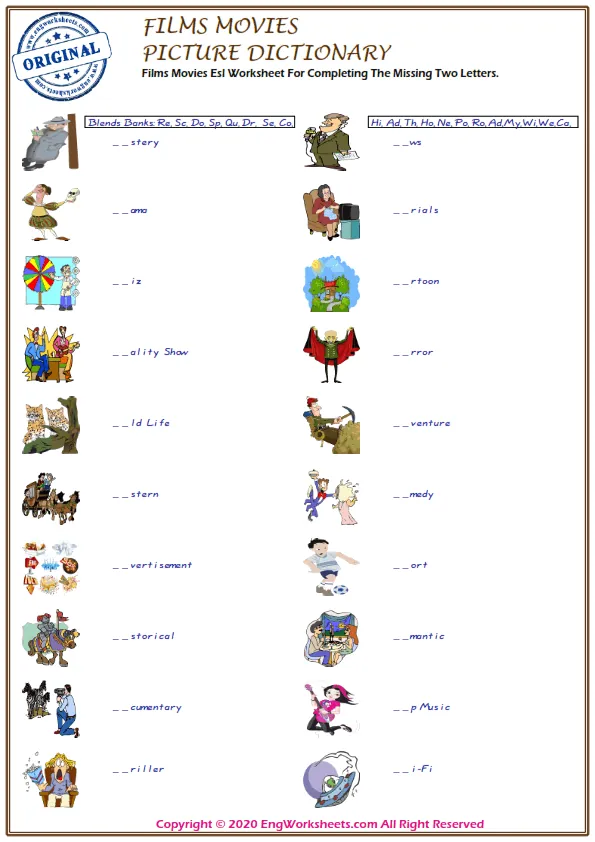 Films Movies Esl Worksheet For Completing The Missing Two Letters.