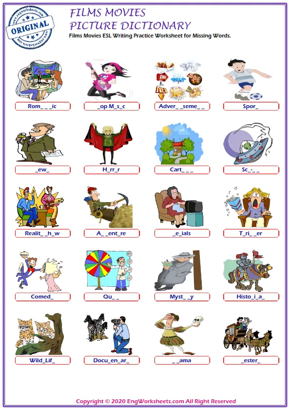 Films Movies ESL Writing Practice Worksheet for Missing Words. Worksheet Preview