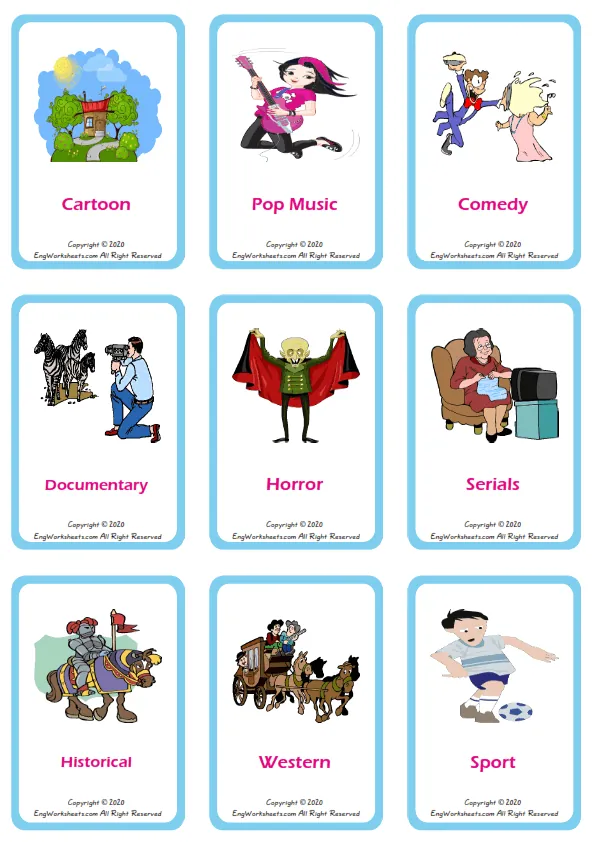Films Movies vocabulary worksheet with words, nine images per page
