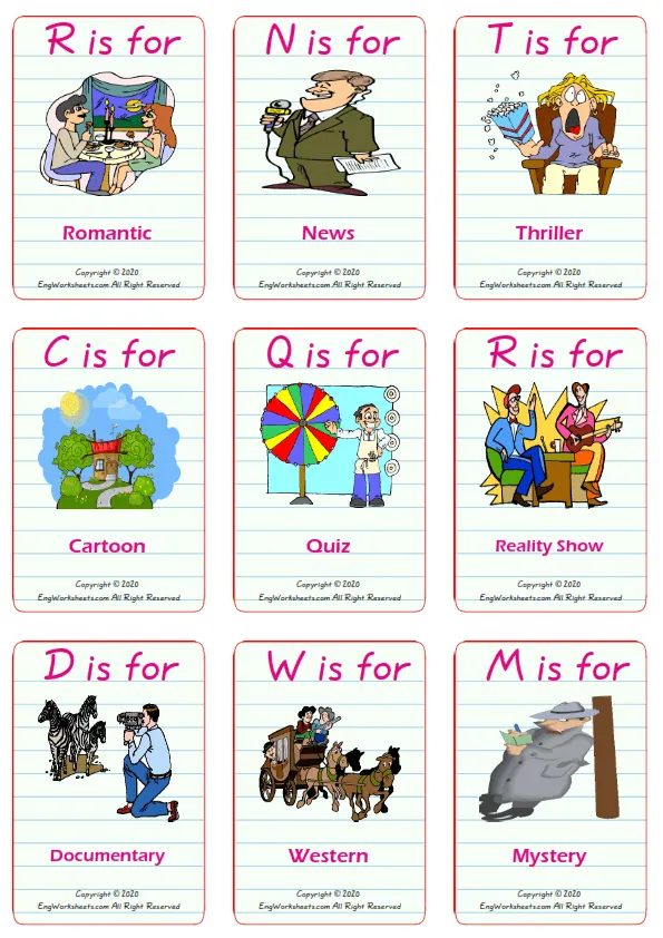 Films Movies vocabulary worksheet with words, nine images per page