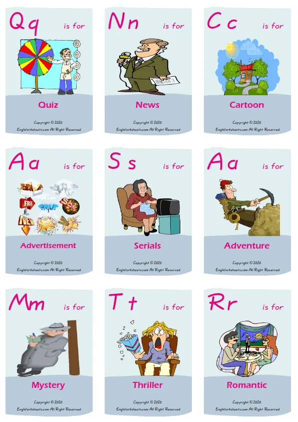 Films Movies vocabulary worksheet with words, nine images per page