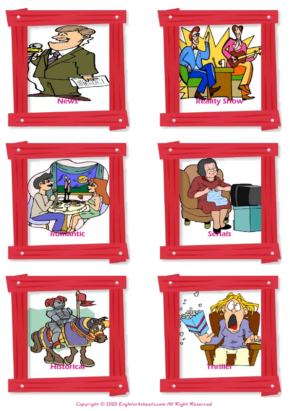 Films Movies vocabulary worksheet with words, six images per page