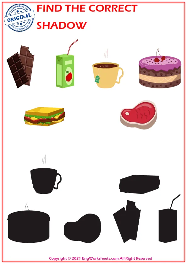 Find the correct shadow educational matching game worksheets for children
