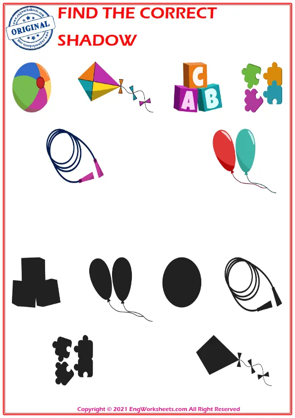 Find the correct shadow educational matching game worksheets for children