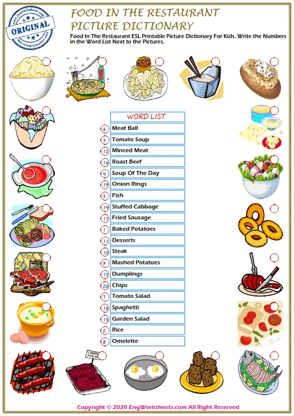 Food In The Restaurant ESL Printable Picture Dictionary For Kids. Write the Numbers in the Word List Next to the Pictures.