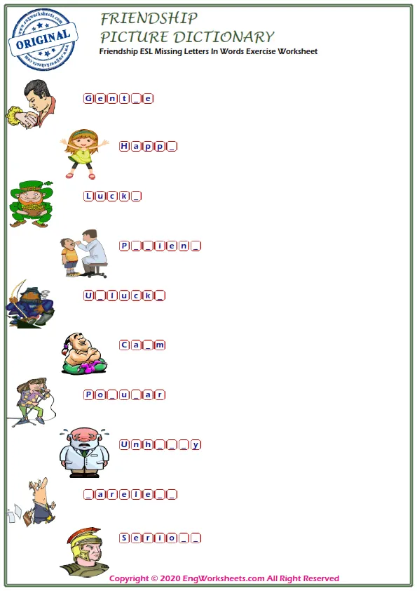 Friendship ESL Missing Letters In Words Exercise Worksheet Worksheet Preview