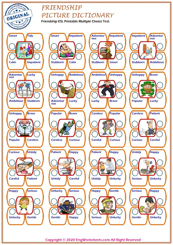 Friendship ESL Printable Multiple Choice Test.