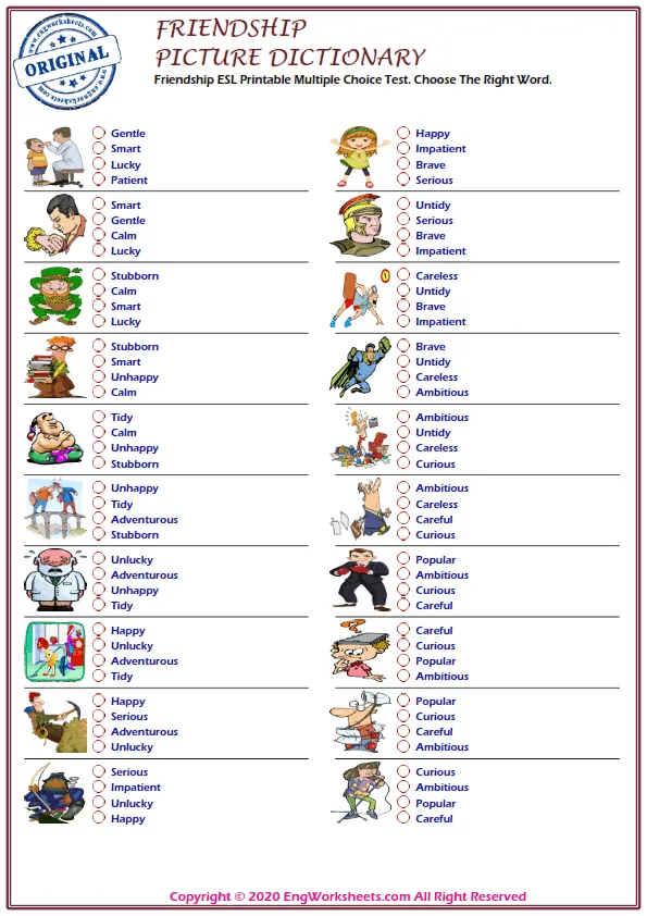 Friendship ESL Printable Multiple Choice Test. Choose The Right Word. Worksheet Preview