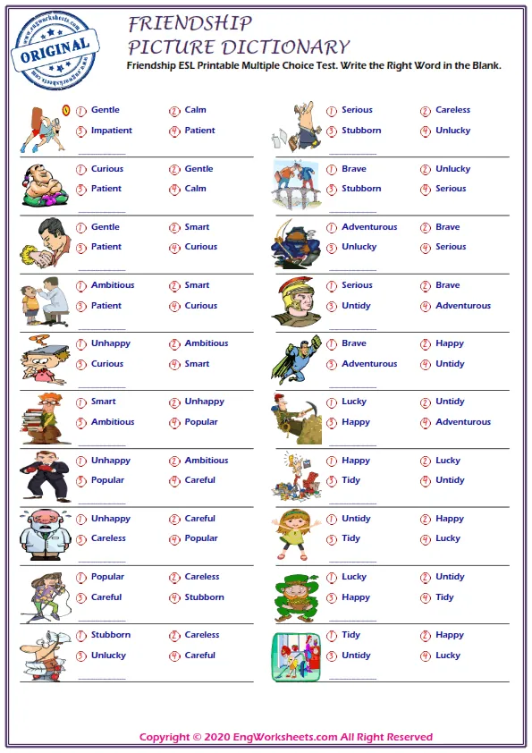 Friendship ESL Printable Multiple Choice Test. Write the Right Word in the Blank. Worksheet Preview