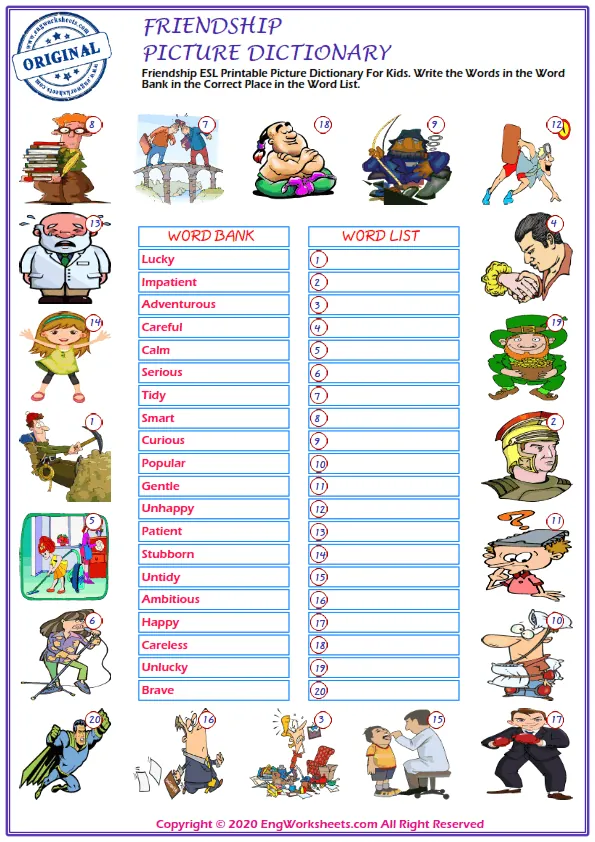 Friendship ESL Printable Picture Dictionary For Kids. Write the Words in the Word Bank in the Correct Place in the Word List. Worksheet Preview