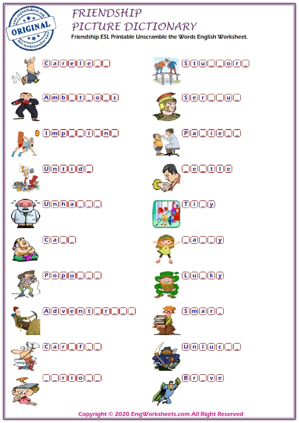 Friendship ESL Printable Unscramble the Words English Worksheet. Worksheet Preview