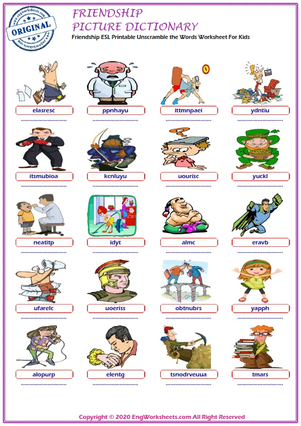 Friendship ESL Printable Unscramble the Words Worksheet For Kids