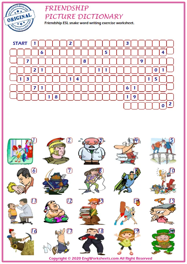 Friendship ESL snake word writing exercise worksheet. Worksheet Preview