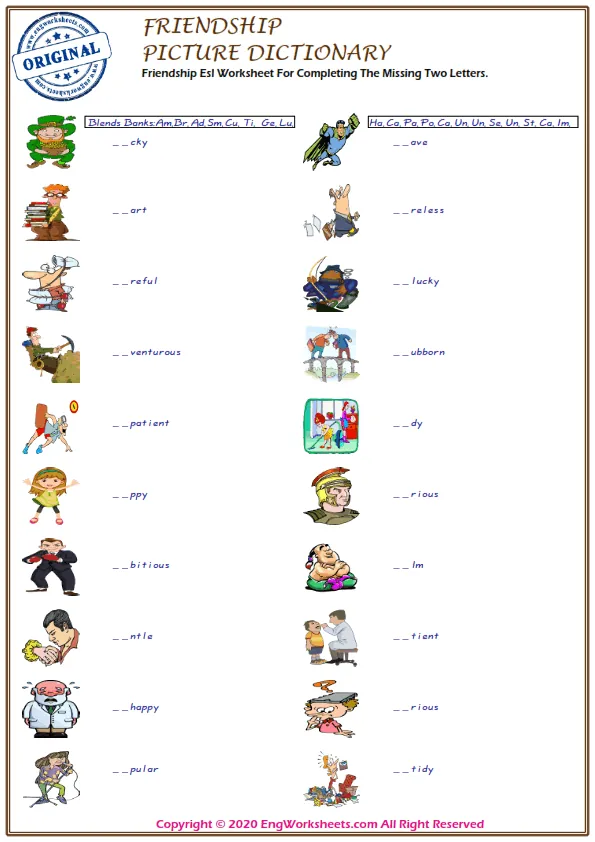 Friendship Esl Worksheet For Completing The Missing Two Letters. Worksheet Preview