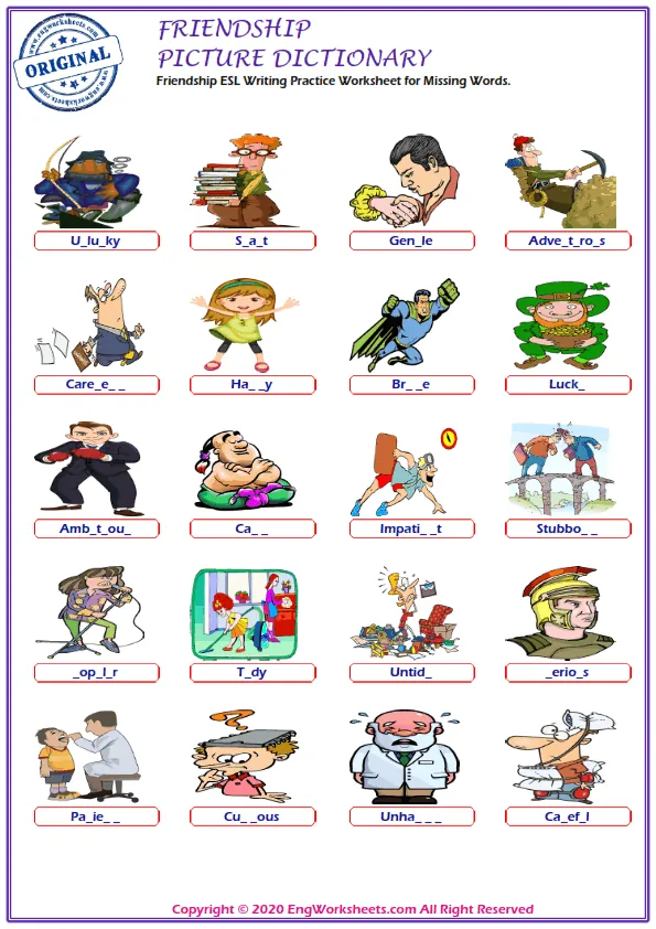 Friendship ESL Writing Practice Worksheet for Missing Words. Worksheet Preview
