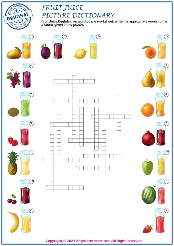 Fruit Juice English crossword puzzle worksheet, write the appropriate words to the pictures given in the puzzle. Worksheet Preview