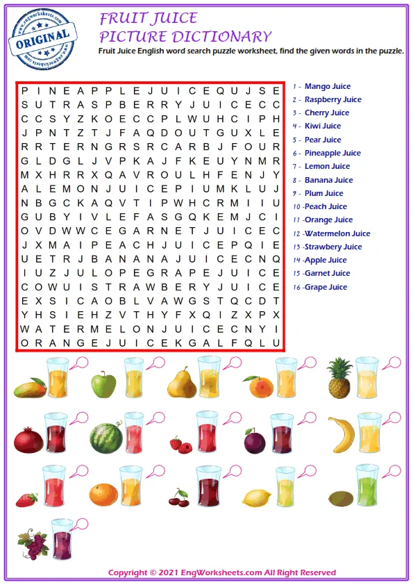 Fruit Juice English word search puzzle worksheet, find the given words in the puzzle. Worksheet Preview