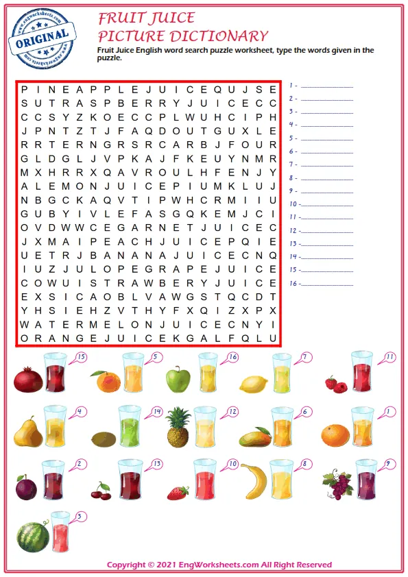 Fruit Juice English word search puzzle worksheet, type the words given in the puzzle. Worksheet Preview