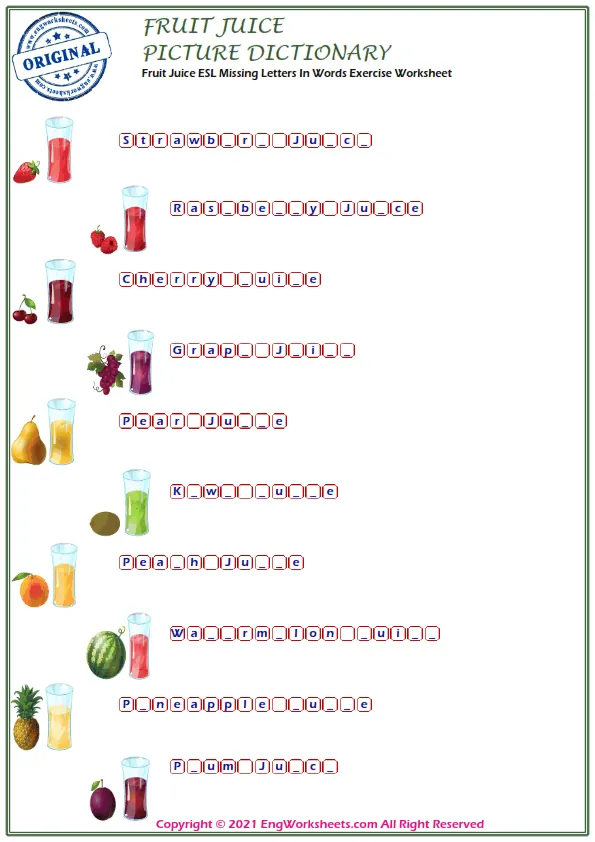 Fruit Juice ESL Missing Letters In Words Exercise Worksheet