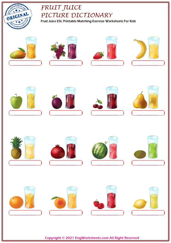 Fruit Juice ESL Printable Matching Exercise Worksheets For Kids Worksheet Preview