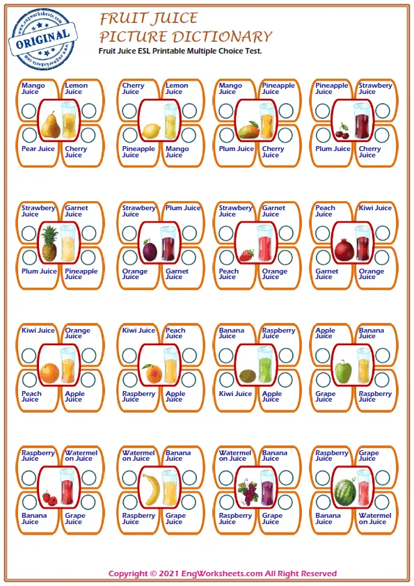 Fruit Juice ESL Printable Multiple Choice Test.
