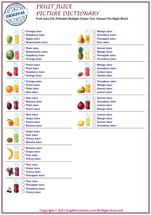 Fruit Juice ESL Printable Multiple Choice Test. Choose The Right Word.