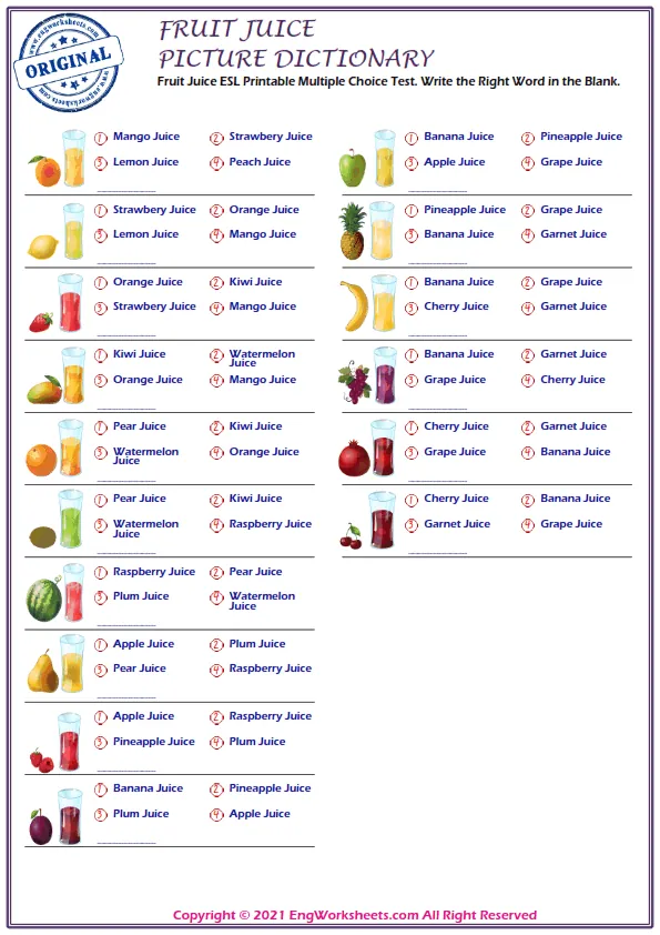 Fruit Juice ESL Printable Multiple Choice Test. Write the Right Word in the Blank.