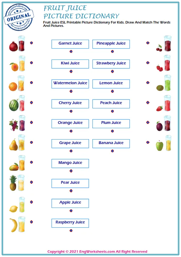 Fruit Juice ESL Printable Picture Dictionary For Kids. Draw And Match The Words And Pictures. Worksheet Preview