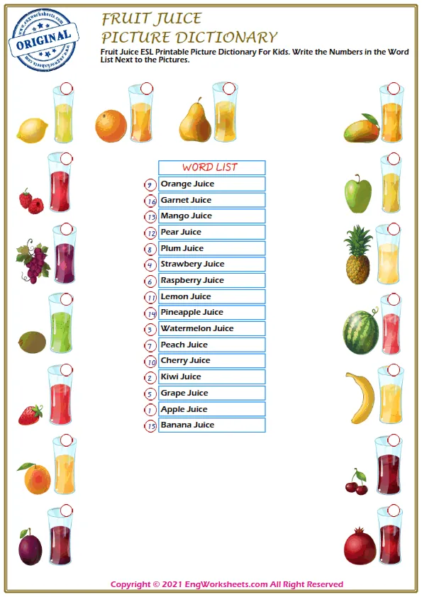 Fruit Juice ESL Printable Picture Dictionary For Kids. Write the Numbers in the Word List Next to the Pictures.