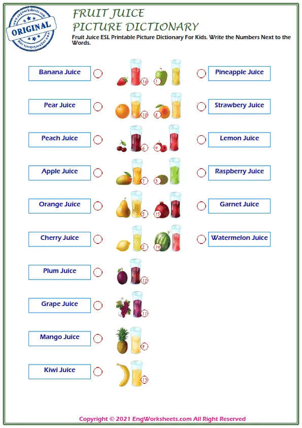 Fruit Juice ESL Printable Picture Dictionary For Kids. Write the Numbers Next to the Words.