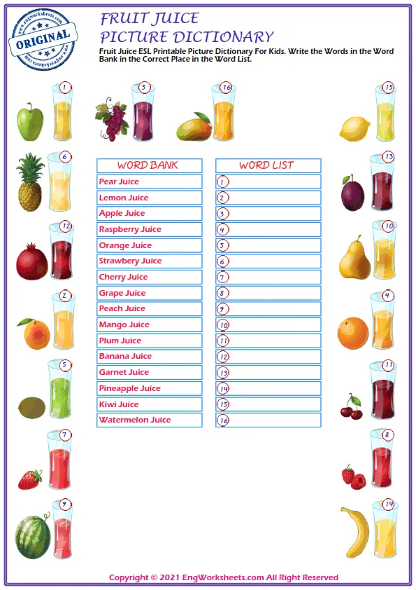 Fruit Juice ESL Printable Picture Dictionary For Kids. Write the Words in the Word Bank in the Correct Place in the Word List.