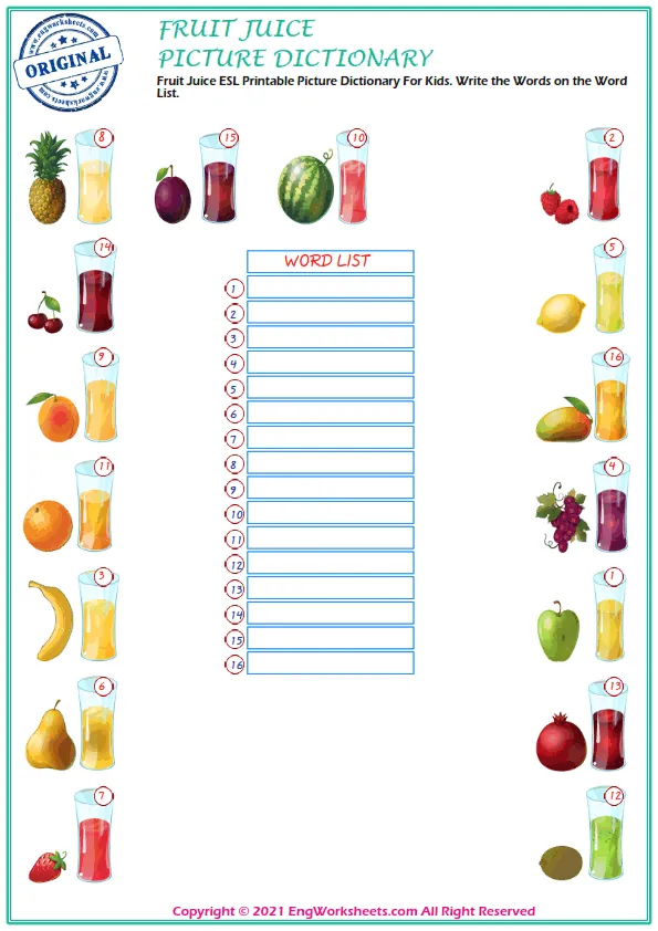 Fruit Juice ESL Printable Picture Dictionary For Kids. Write the Words on the Word List. Worksheet Preview