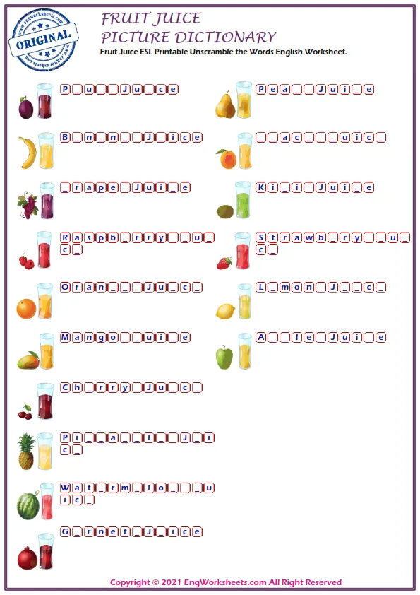 Fruit Juice ESL Printable Unscramble the Words English Worksheet.