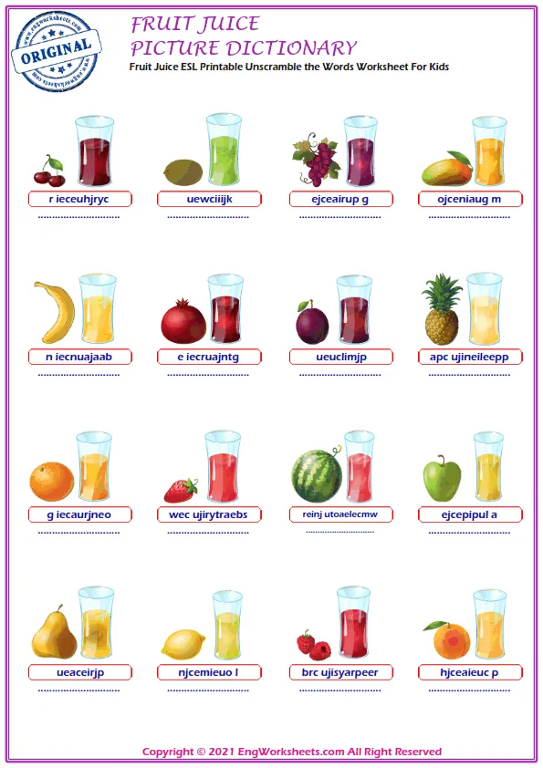 Fruit Juice ESL Printable Unscramble the Words Worksheet For Kids