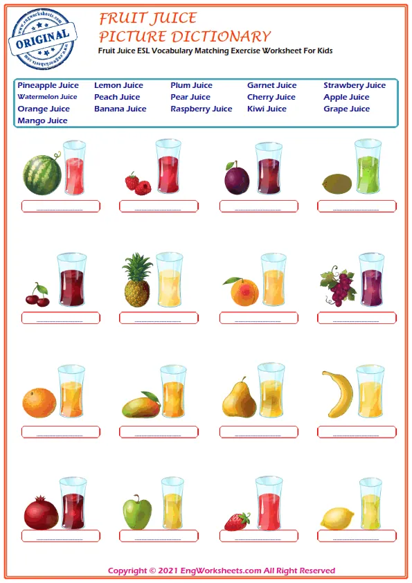 Fruit Juice ESL Vocabulary Matching Exercise Worksheet For Kids