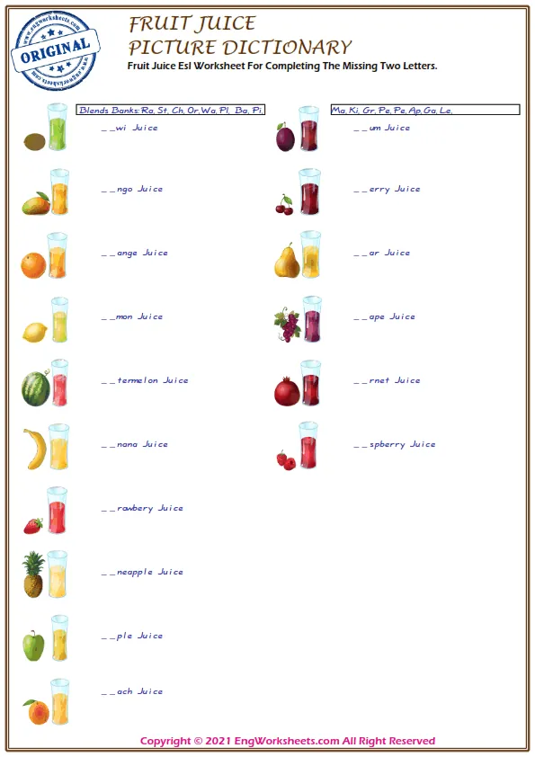 Fruit Juice Esl Worksheet For Completing The Missing Two Letters.