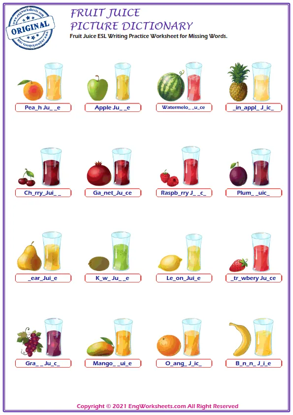 Fruit Juice ESL Writing Practice Worksheet for Missing Words. Worksheet Preview